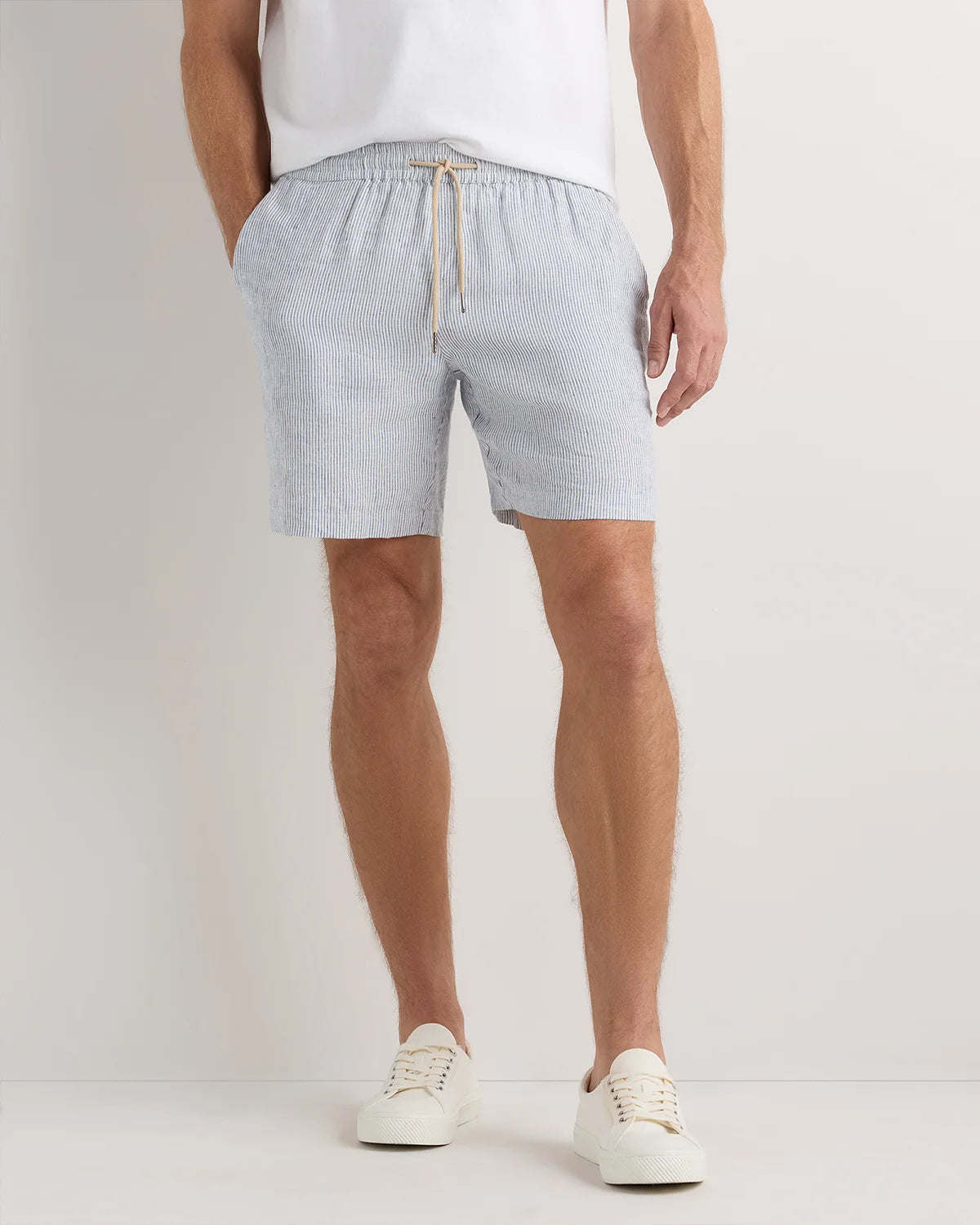 100% European Linen Drawstring Beach Shorts - 7" - XS / Taupe Brown Chambray