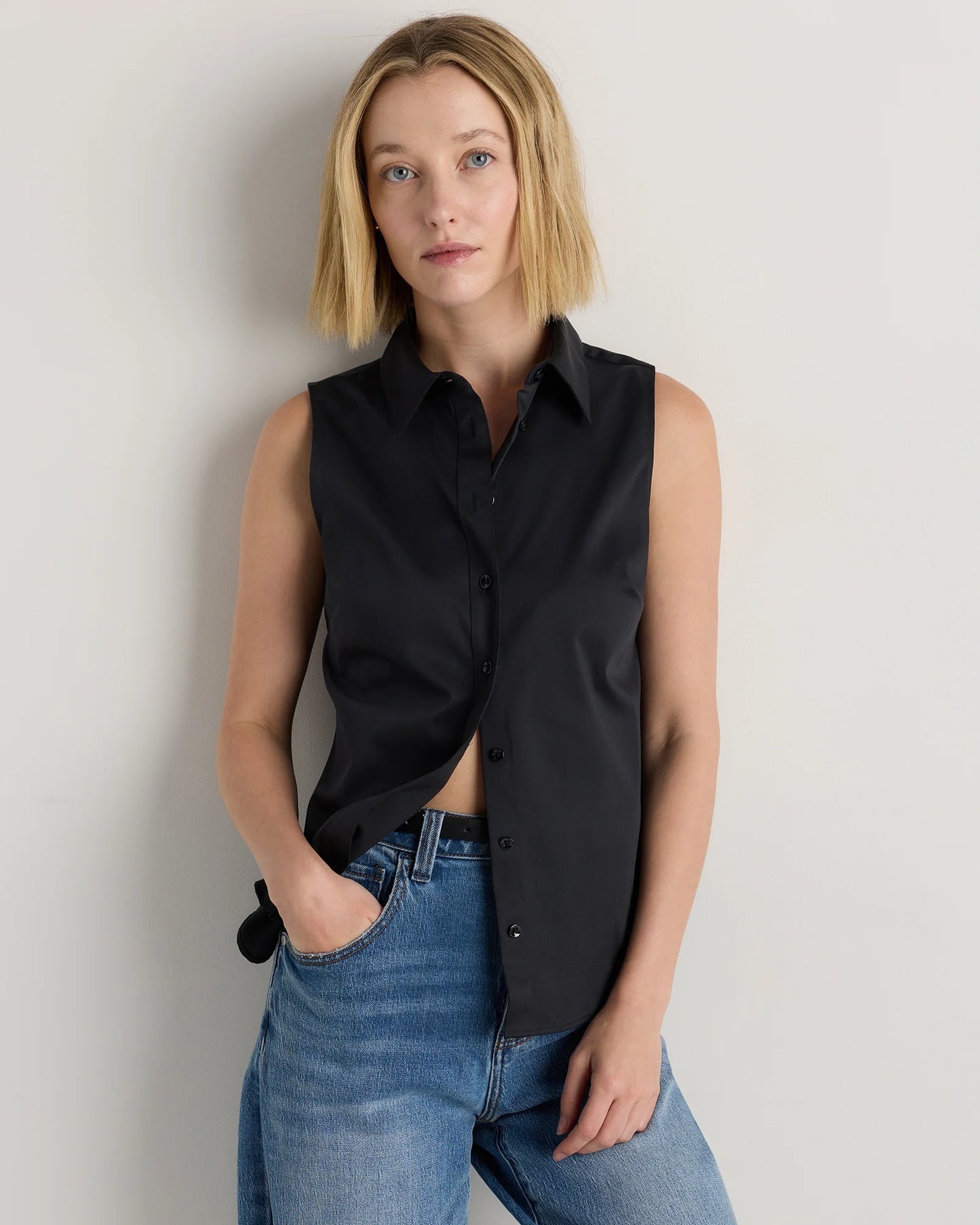 Organic Stretch Cotton Tailored Sleeveless Shirt - XS / Classic White