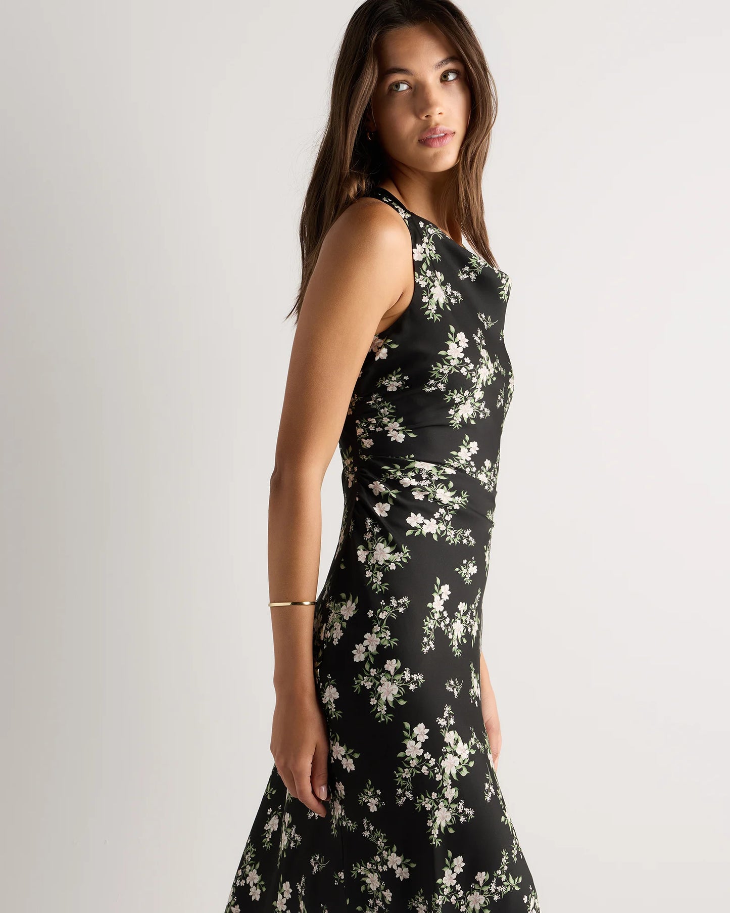 Washable Stretch Silk High Neck Midi Dress - XS / Vintage Navy Roses
