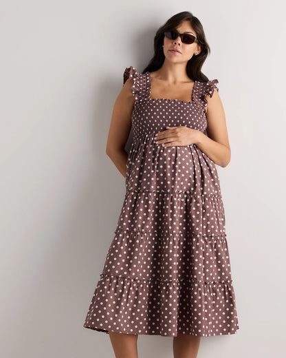 100% Organic Cotton Poplin Maternity Smocked Midi Dress - XS / Classic White