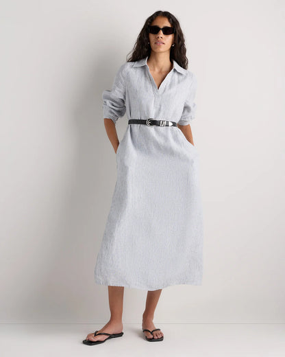 100% European Linen Popover Maxi Dress - XS / Blue Pinstripe