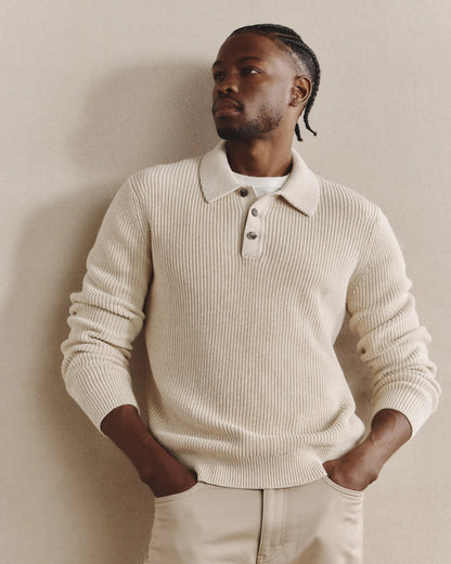 100% Organic Cotton Ribbed Polo Sweater - XS / Mid Heather Grey