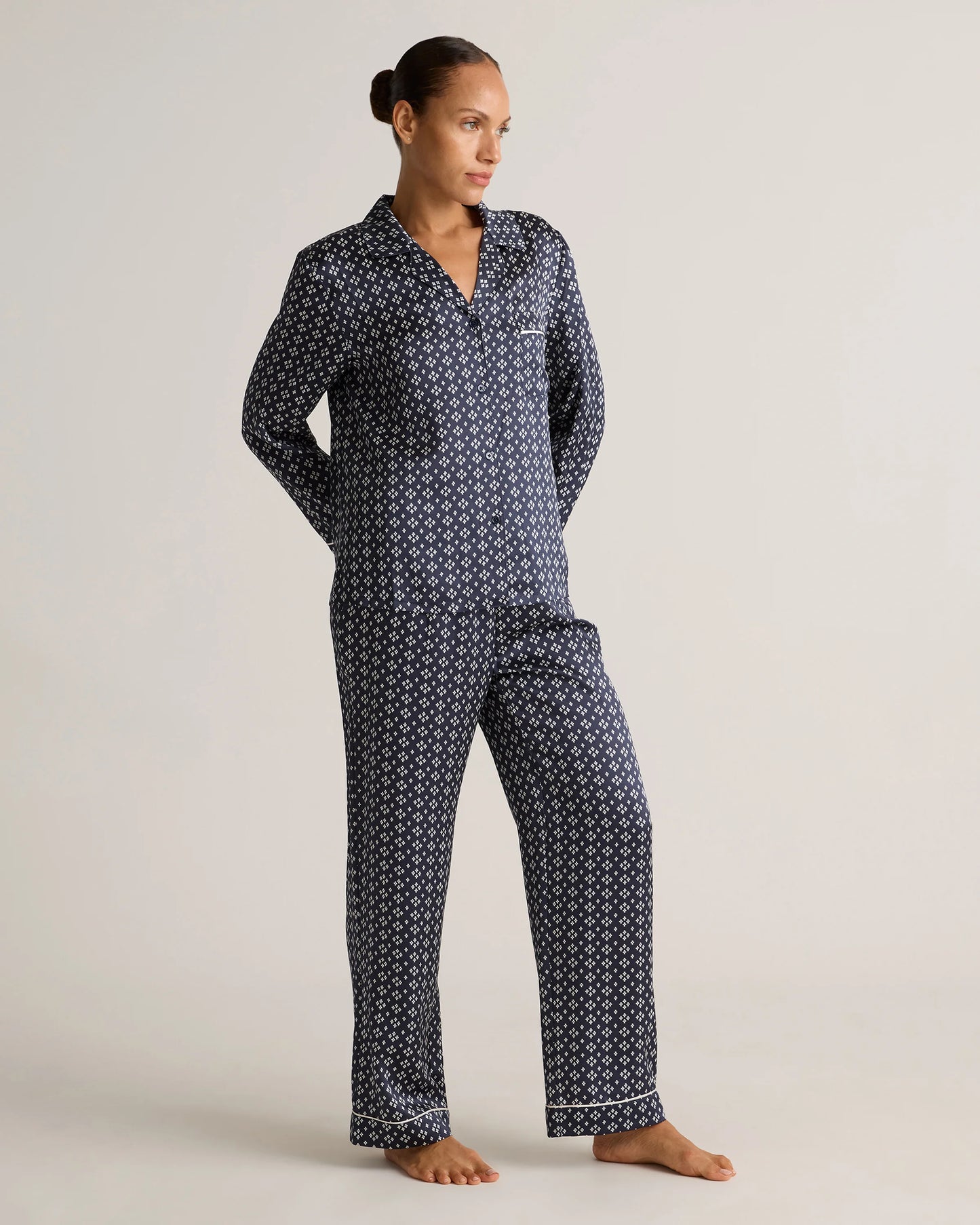 100% Washable Silk Satin Pajama Long Sleeve Top - XS / Toasted Almond