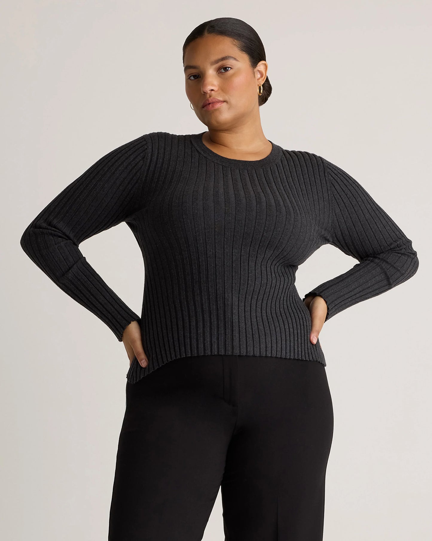 Cotton Cashmere Ribbed Long Sleeve Sweater - XS / Sugar Stone