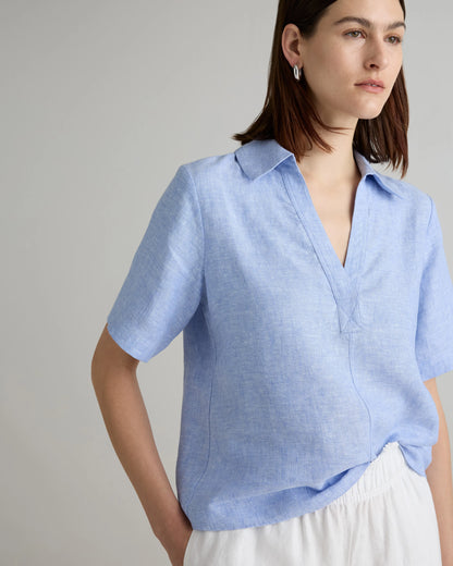 100% European Linen Short Sleeve Popover Top - XS / Blue Pinstripe
