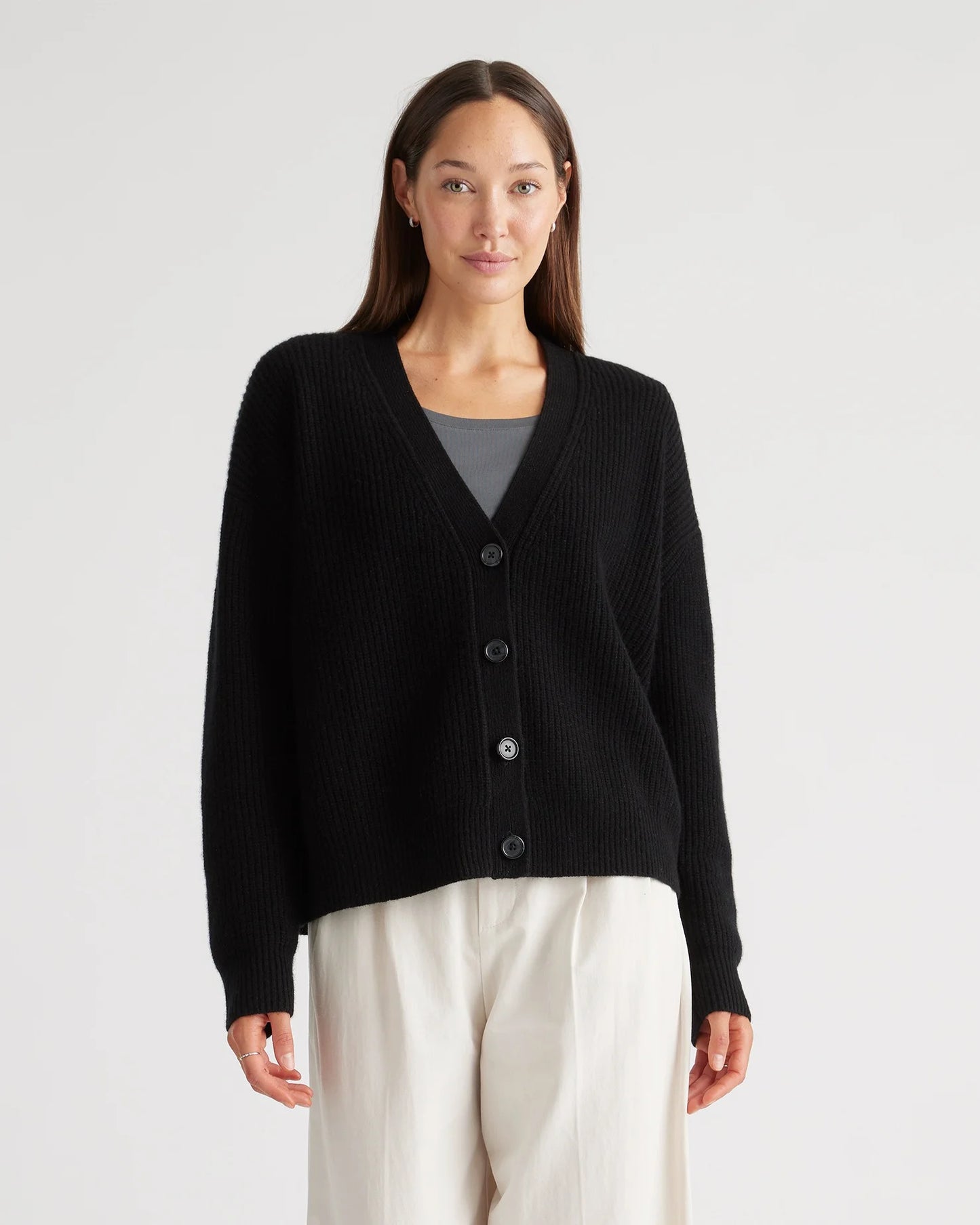Mongolian Spring Cashmere Fisherman Boxy Cropped Cardigan Sweater - XS / Heather Grey