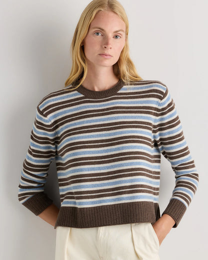 Mongolian Cashmere Boxy Crewneck Sweater - XS / Faded Denim/Brown/Ivory Variegated Stripe