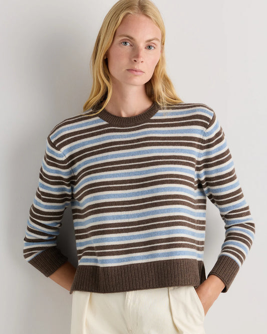 Mongolian Cashmere Boxy Crewneck Sweater - XS / Faded Denim/Brown/Ivory Variegated Stripe