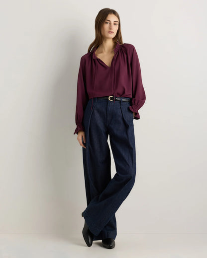 Drapey Chiffon Split Neck Long Sleeve Blouse - XS / Barolo Burgundy