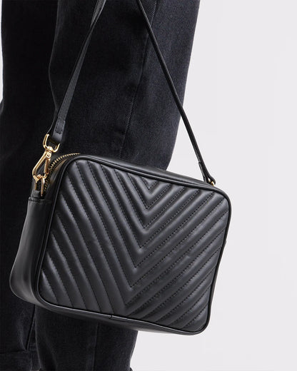 Italian Leather Quilted Crossbody Bag - One Size / Black