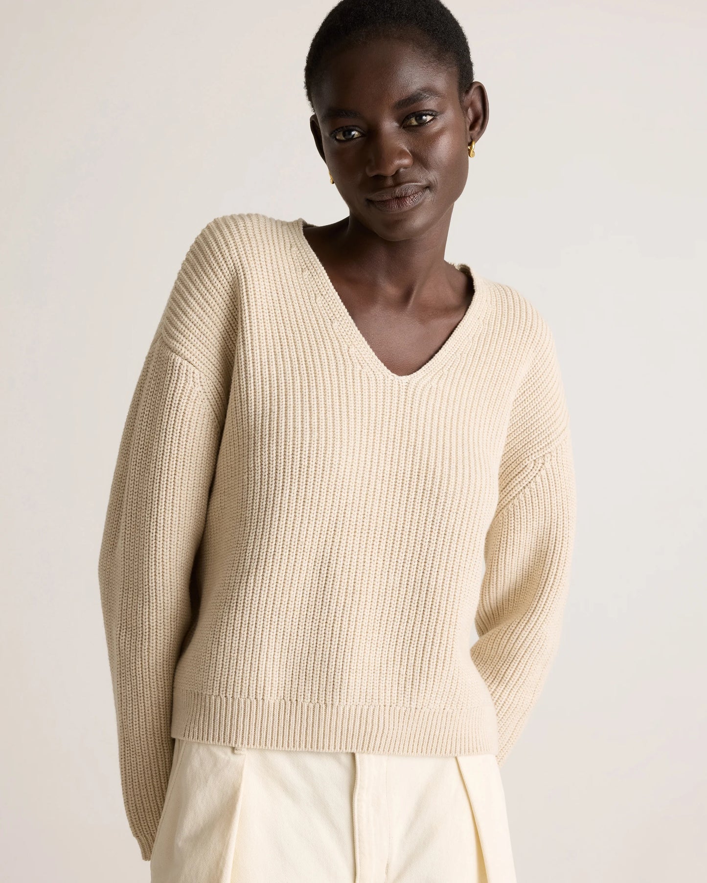 100% Organic Cotton Fisherman V-Neck Sweater - XS / Heather Brown