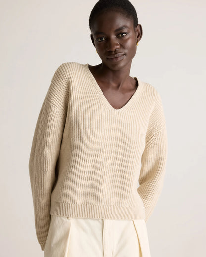 100% Organic Cotton Fisherman V-Neck Sweater - XS / Heather Brown