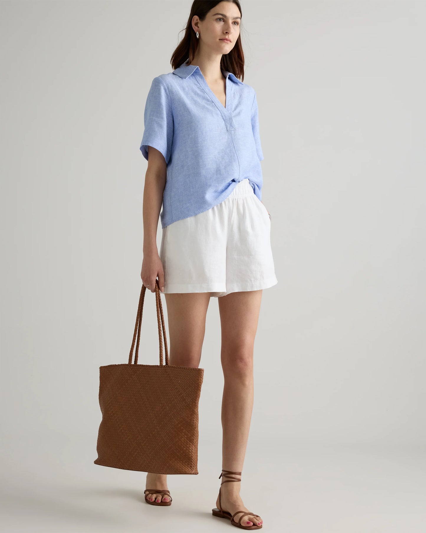 100% European Linen Short Sleeve Popover Top - XS / Blue Pinstripe
