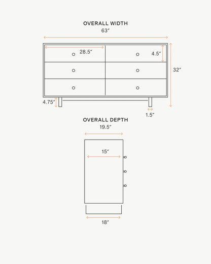 Solid Wood Platform 6-Drawer Dresser - One Size / Walnut Brown