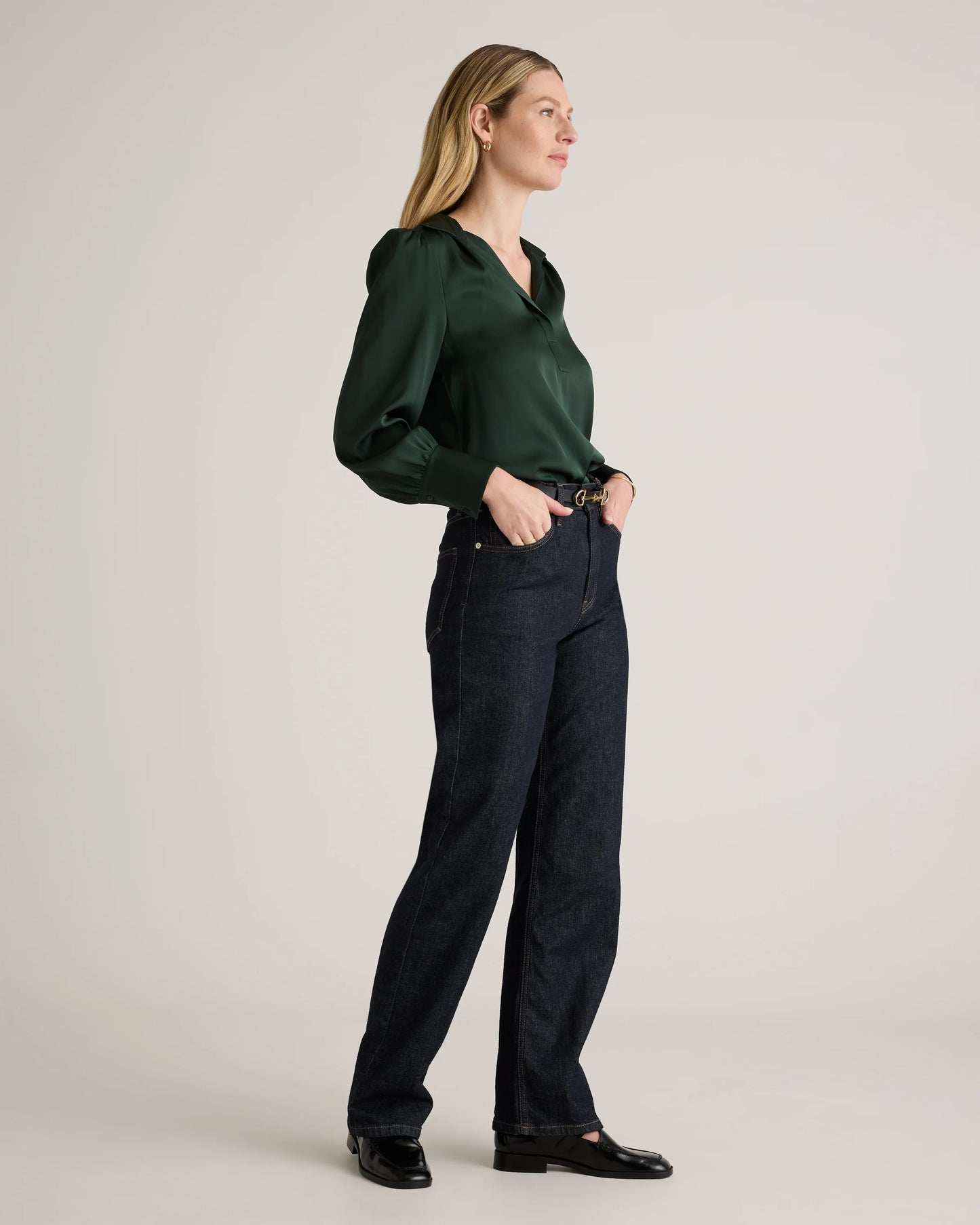 Washable Stretch Silk Split Neck Blouse - XS / Forest Green