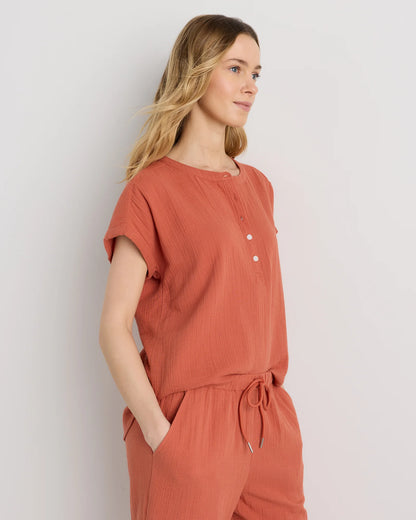 100% Organic Cotton Gauze Roll Sleeve Shirt - XS / Spiced Orange