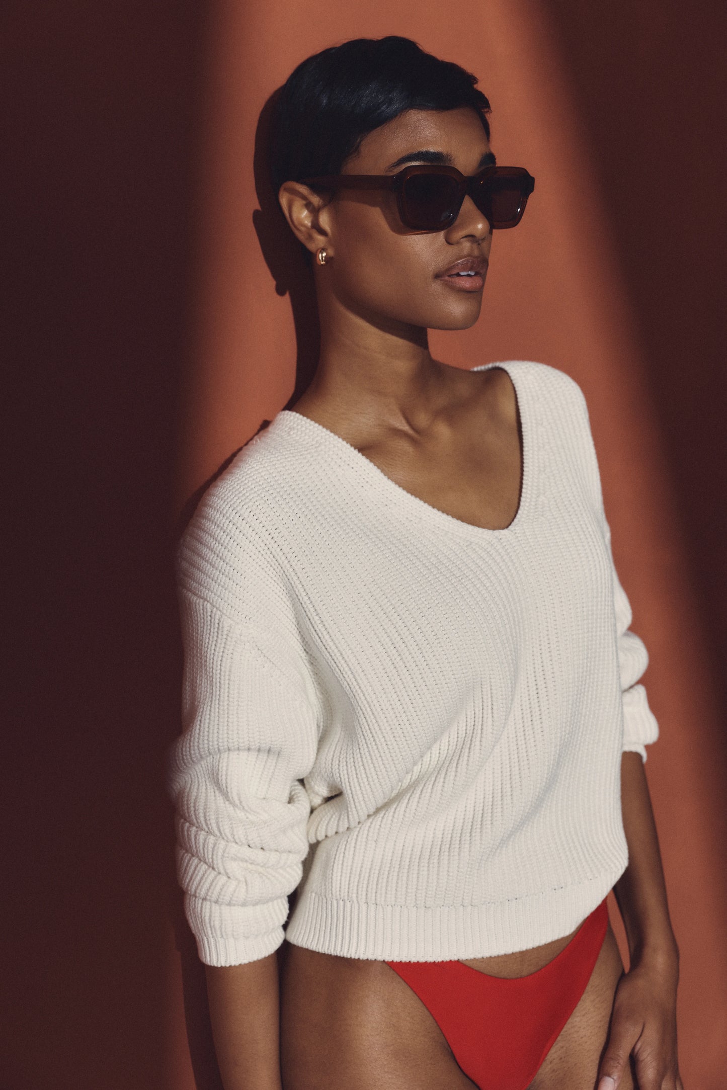 100% Organic Cotton Fisherman V-Neck Sweater - XS / Heather Brown