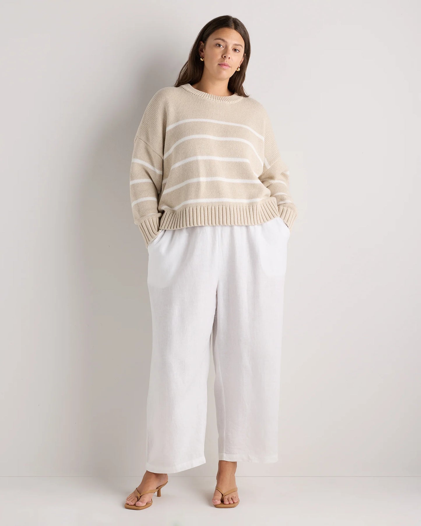 100% Organic Cotton Striped Crew Sweater - 1X / Speckled Beige/Ivory