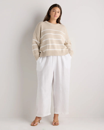 100% Organic Cotton Striped Crew Sweater - 1X / Speckled Beige/Ivory