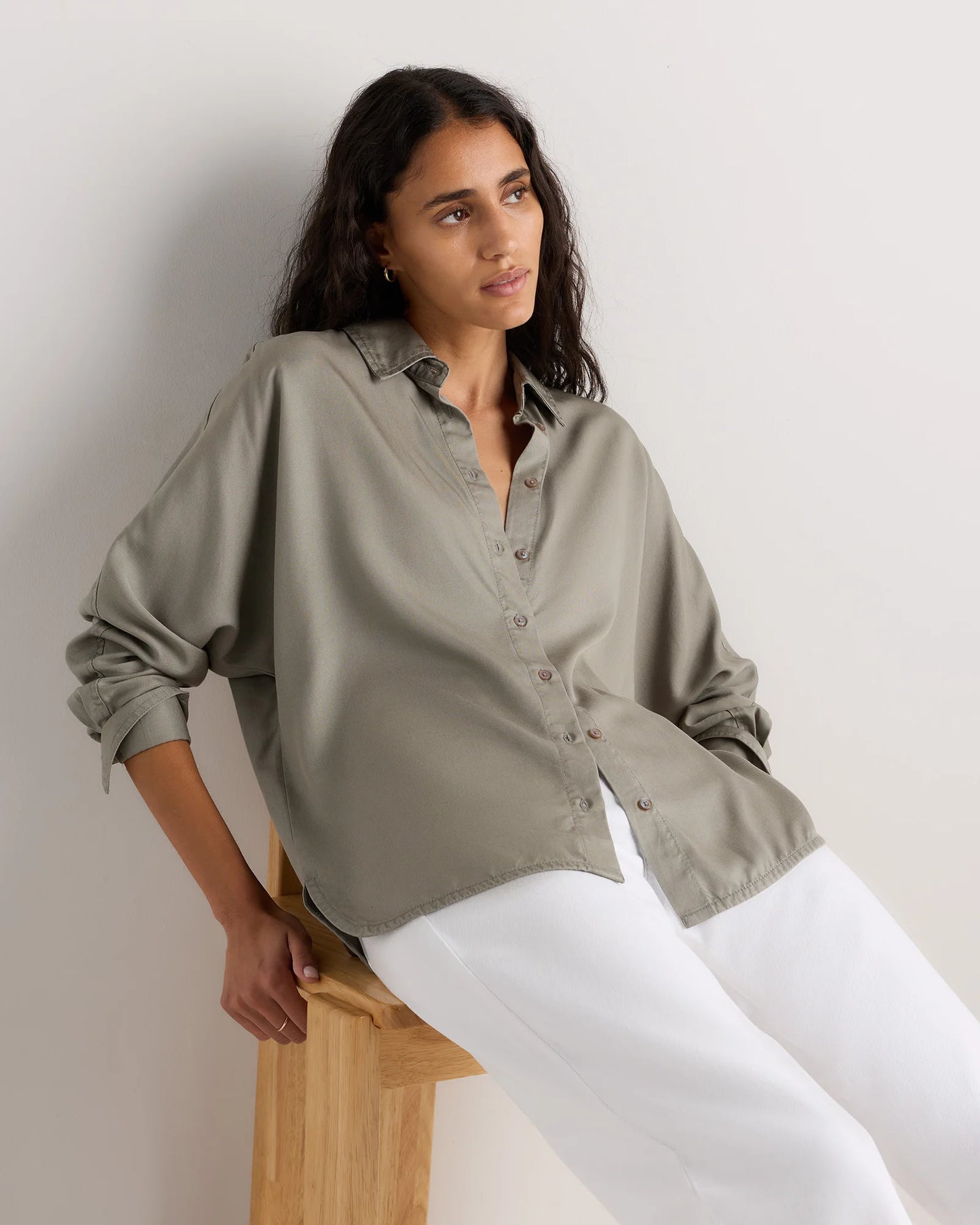 Vintage Wash Tencel Dolman Long Sleeve Shirt - XS / White