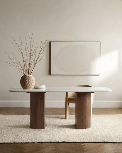 Marble Dining Table with Double Pedestal Base - 72" / Cream/Chestnut