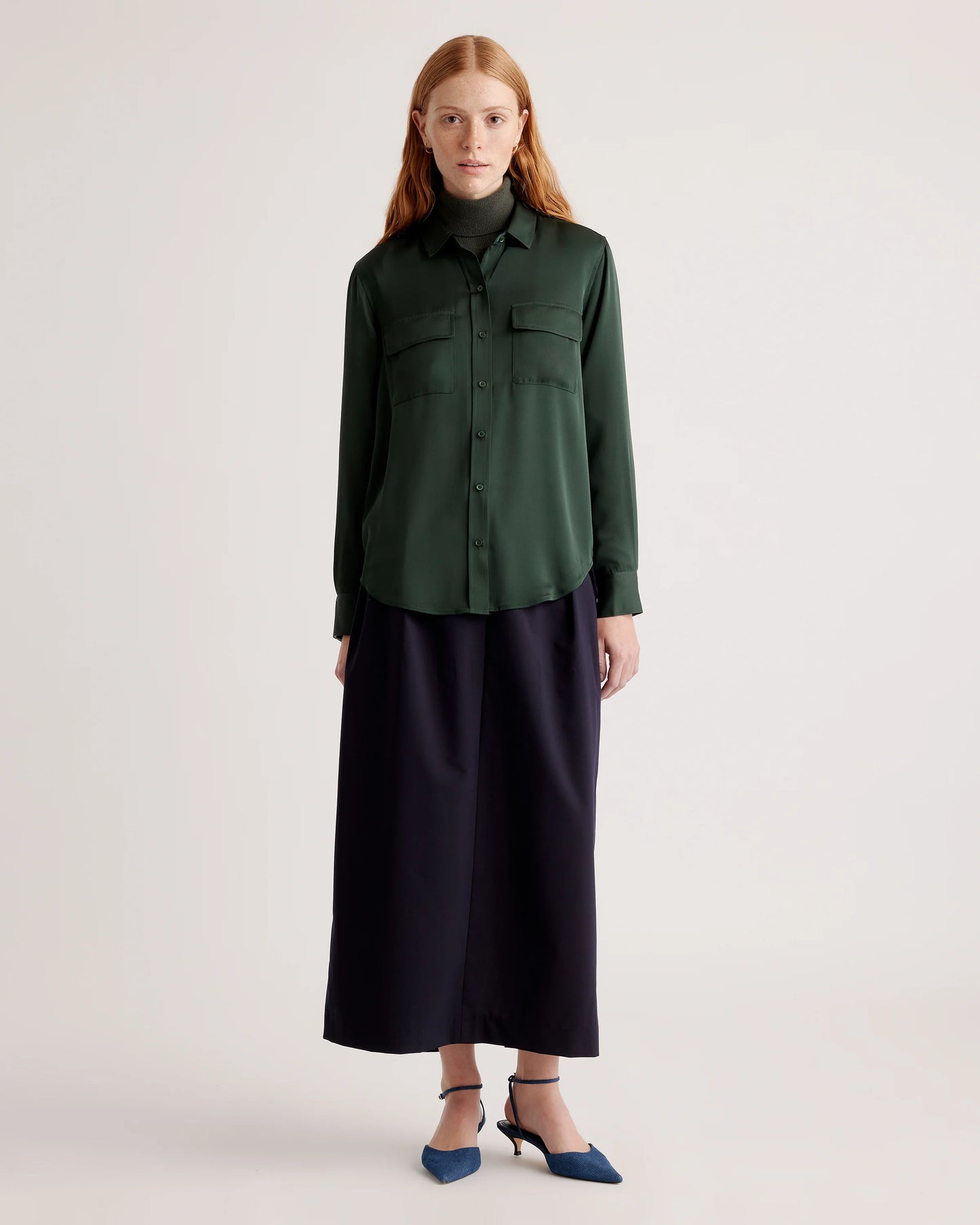 Washable Stretch Silk Utility Long Sleeve Blouse - XS / Forest Green