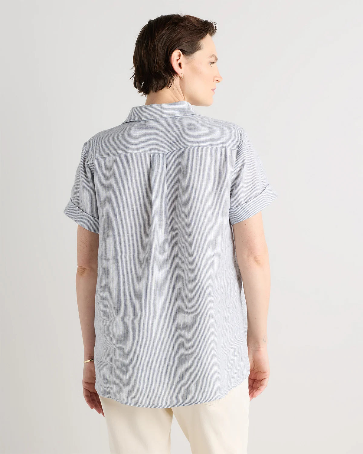 100% European Linen Maternity Camp Shirt - XS / Blue Pinstripe