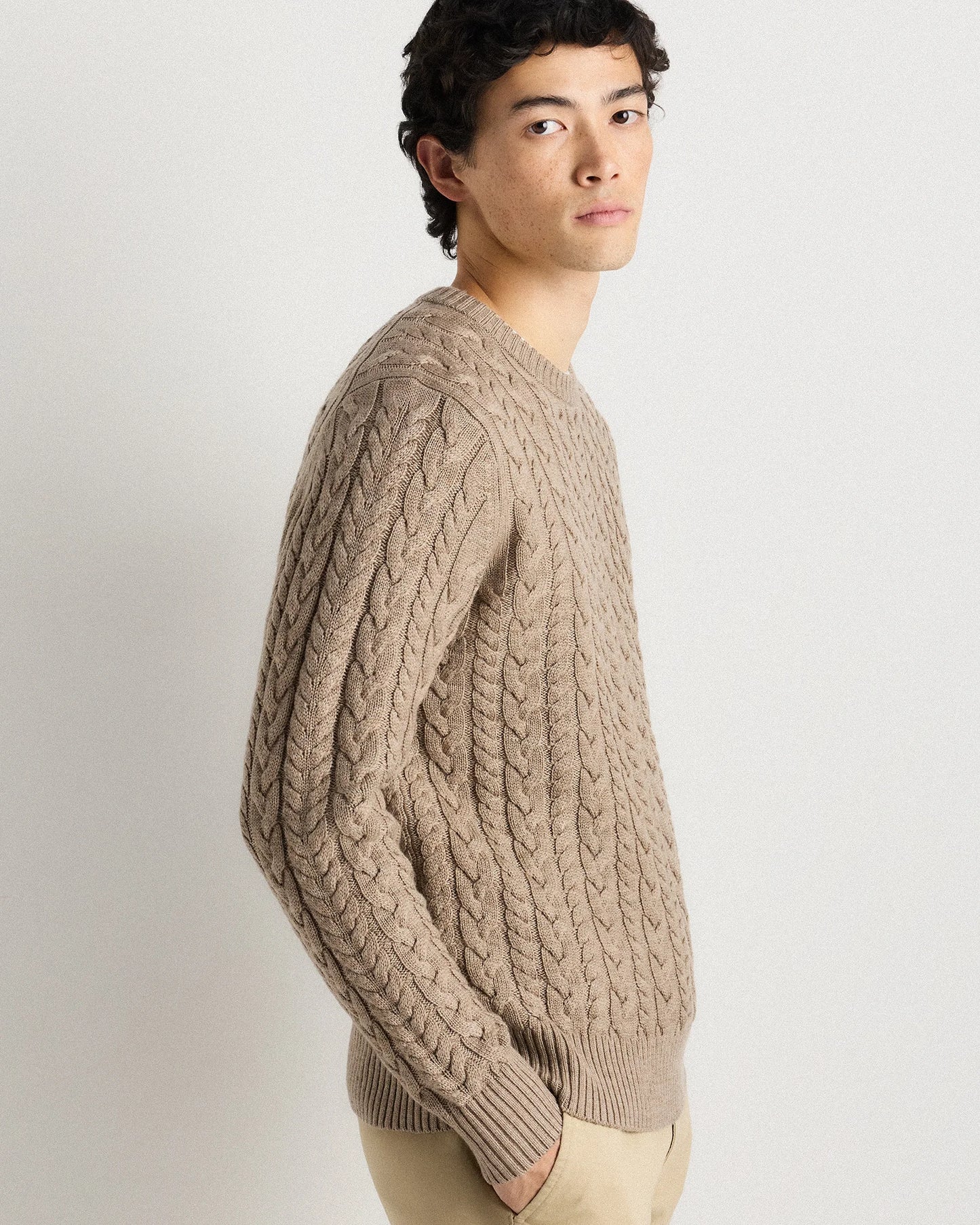 Australian Merino Wool Cable Crewneck Sweater - S / Heather Grey