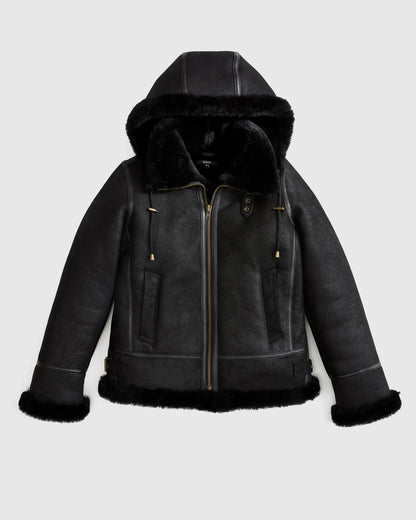 100% Shearling Cold Weather Bomber Jacket - XS / Black