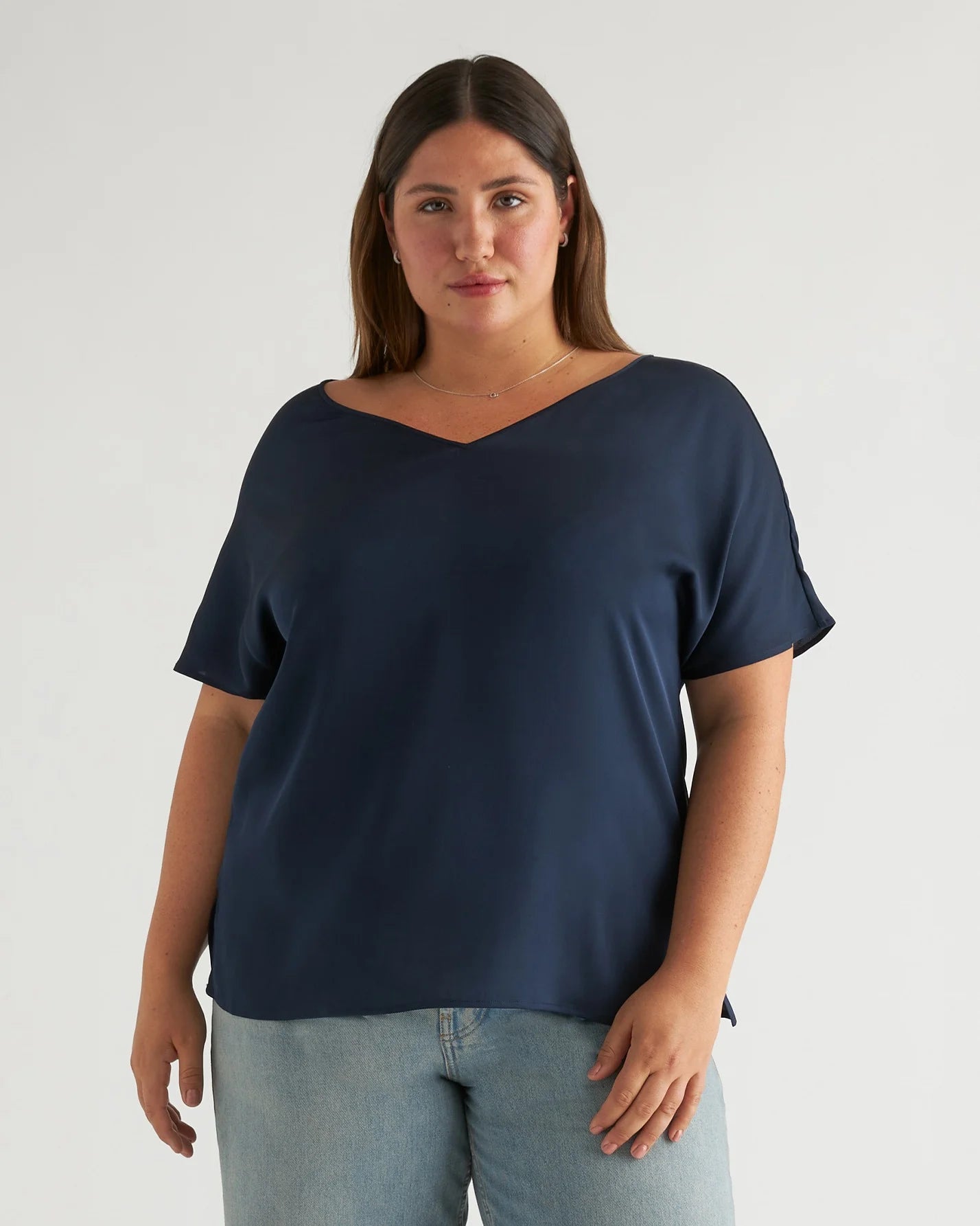Washable Stretch Silk Reversible V-Neck Blouse - XS / Navy