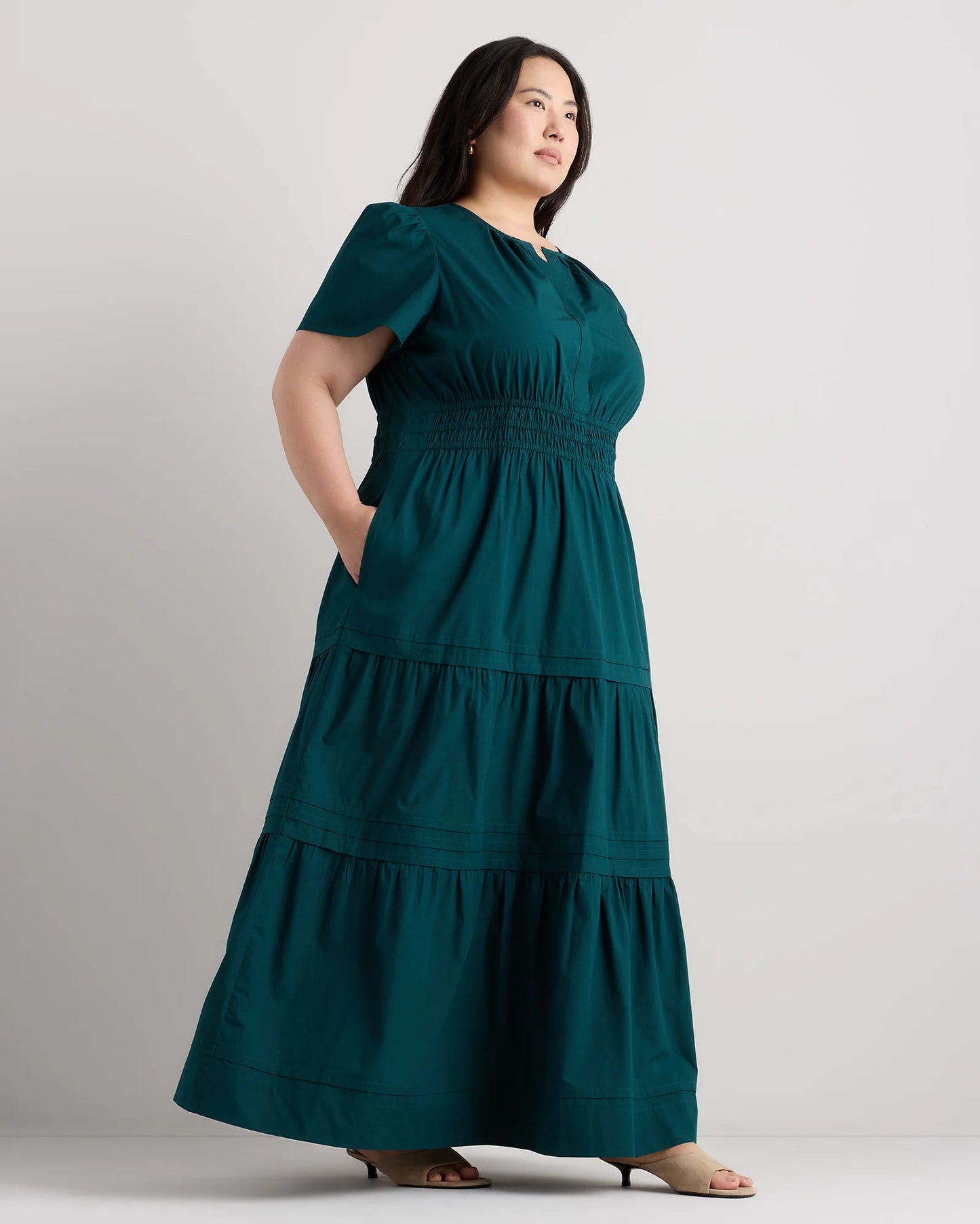 100% Organic Cotton Poplin Tiered Maxi Dress - 1X / Ocean Green