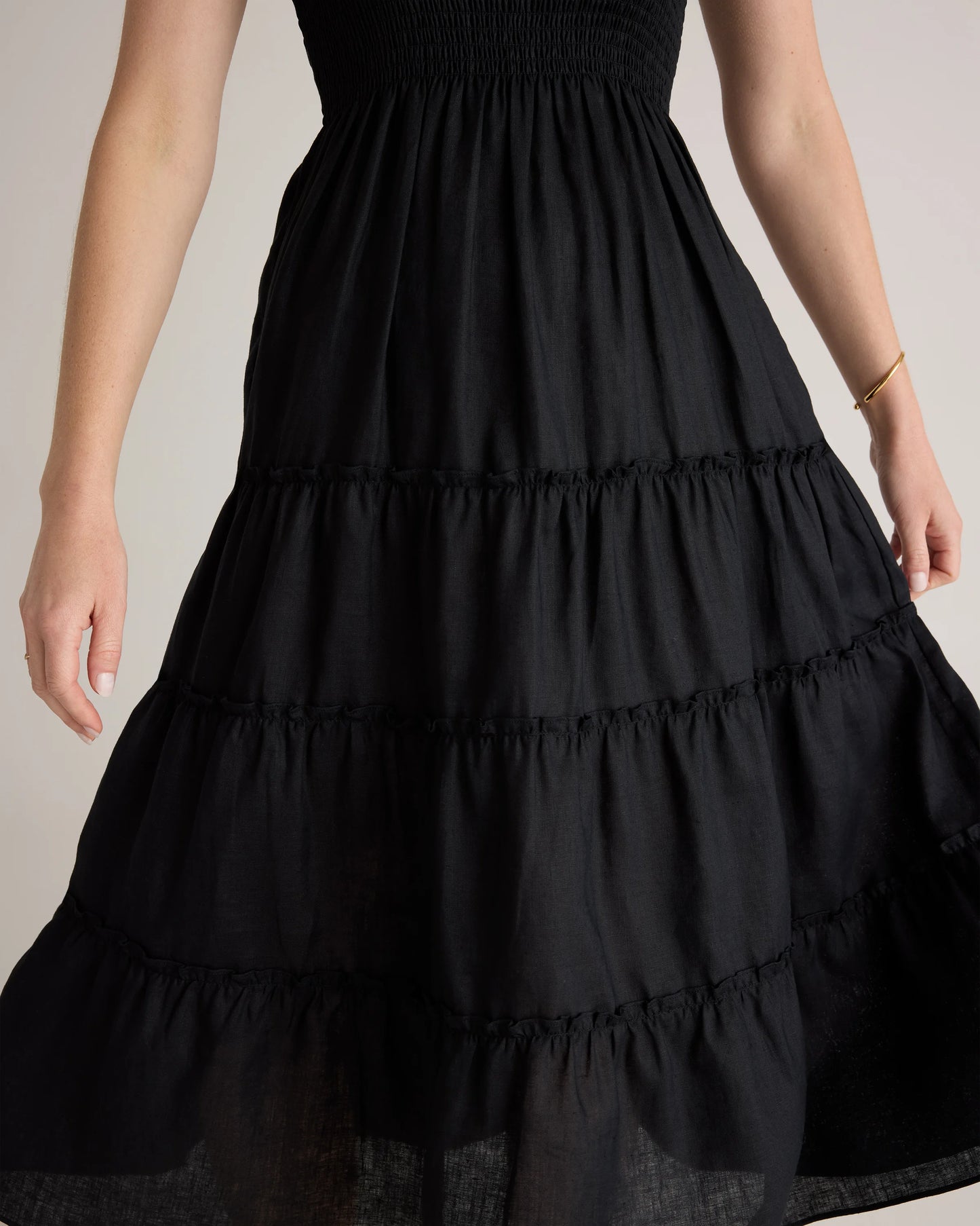 100% European Linen Smocked Midi Dress - XS / Ivory Porcelain Blue Petite Floral