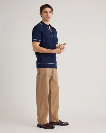 Organic Cotton-Silk Tipped Polo Sweater - S / Navy/Ivory