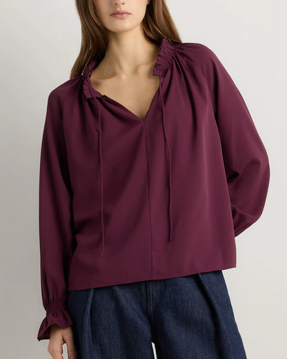 Drapey Chiffon Split Neck Long Sleeve Blouse - XS / Barolo Burgundy