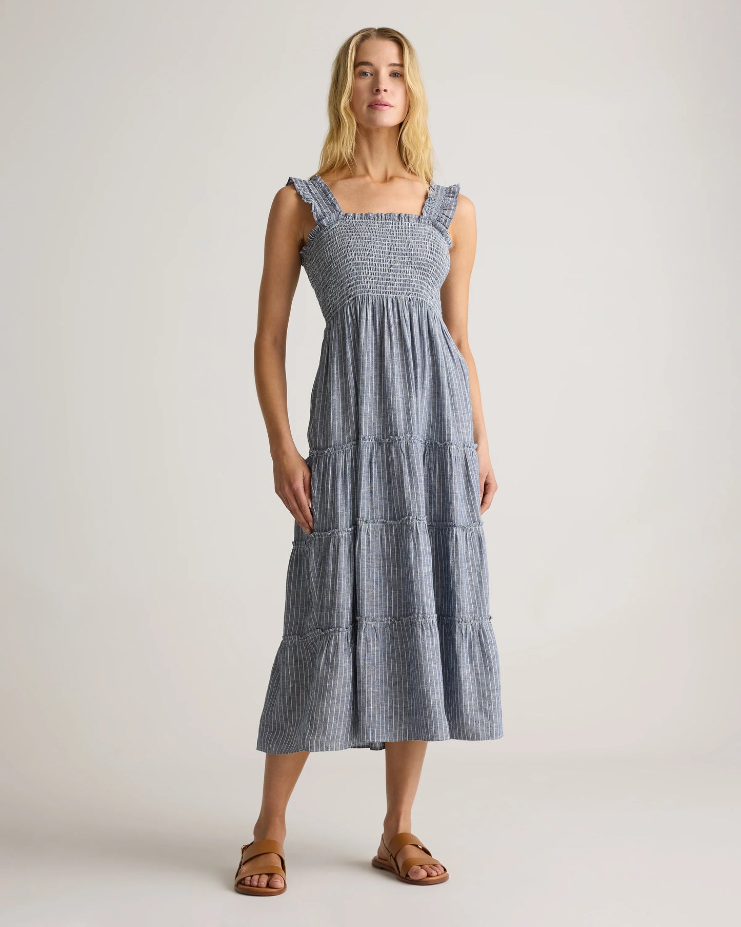 100% European Linen Smocked Midi Dress - XS / Ivory Porcelain Blue Petite Floral