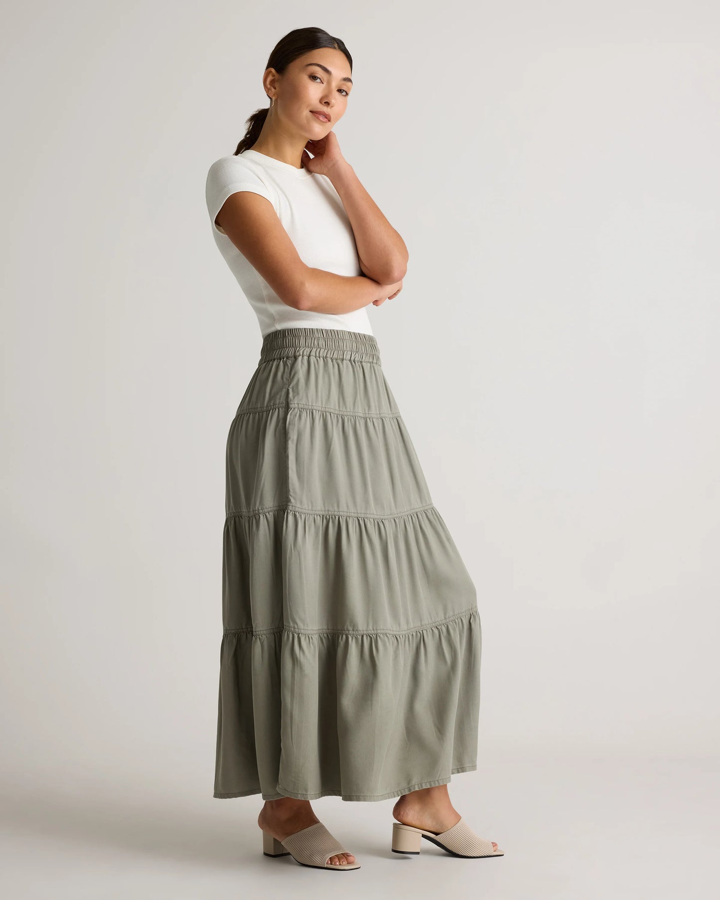 Vintage Wash Tencel Tiered Maxi Skirt - XS / Olive