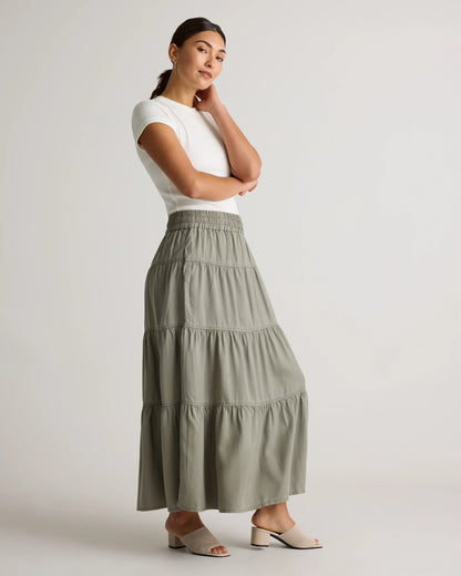 Vintage Wash Tencel Tiered Maxi Skirt - XS / Olive