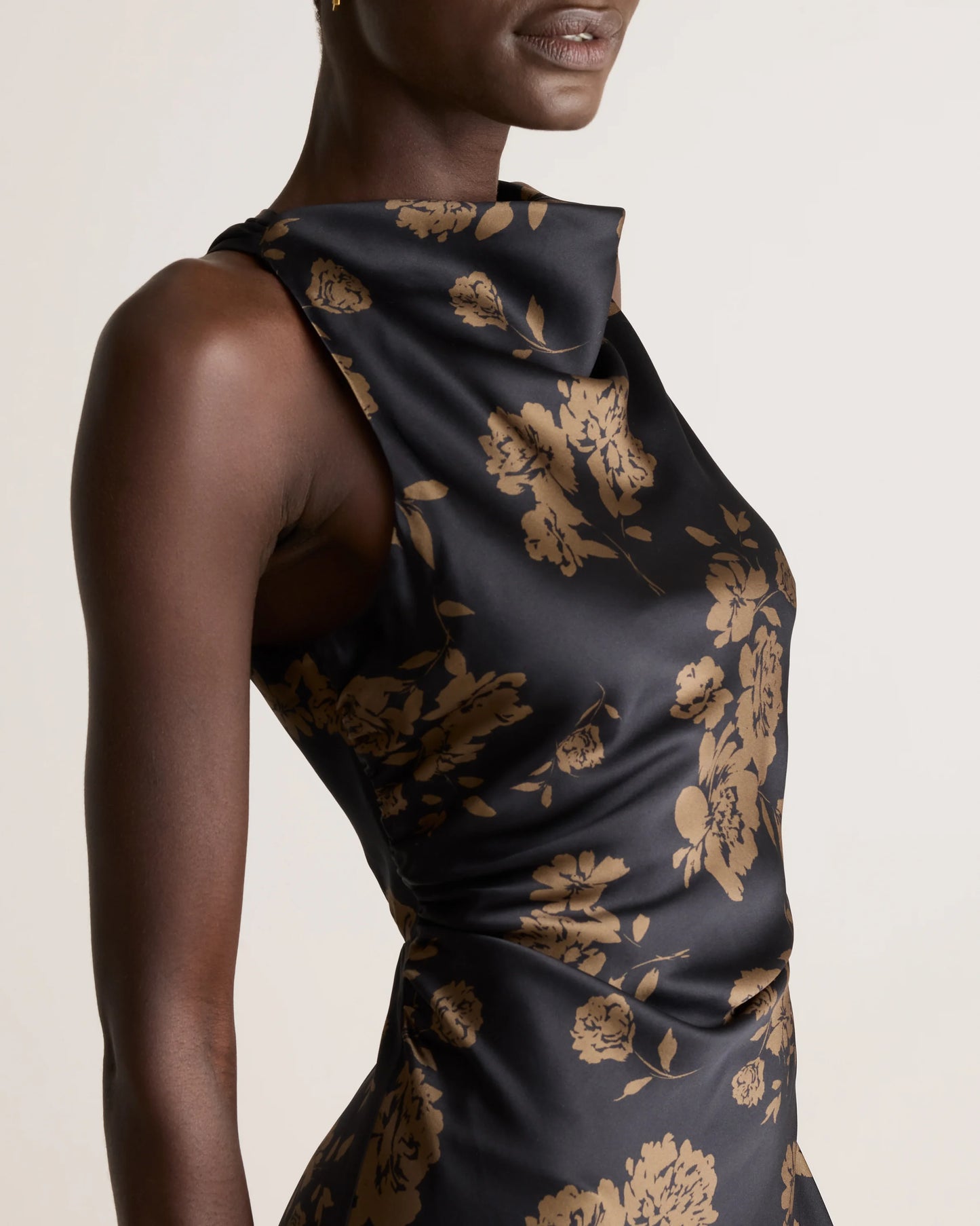 Washable Stretch Silk High Neck Midi Dress - XS / Vintage Navy Roses