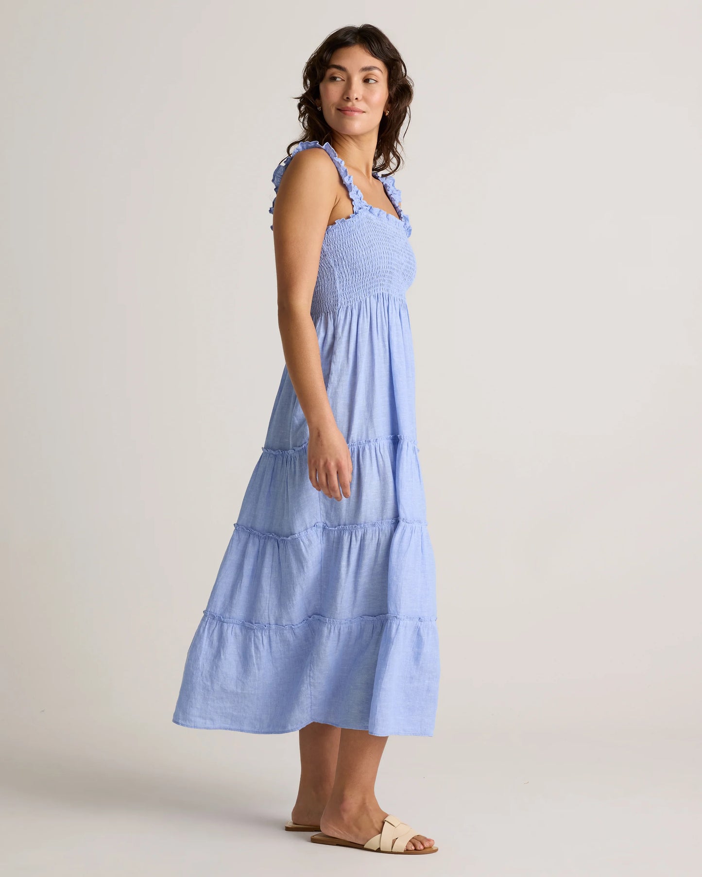 100% European Linen Smocked Midi Dress - XS / Ivory Porcelain Blue Petite Floral