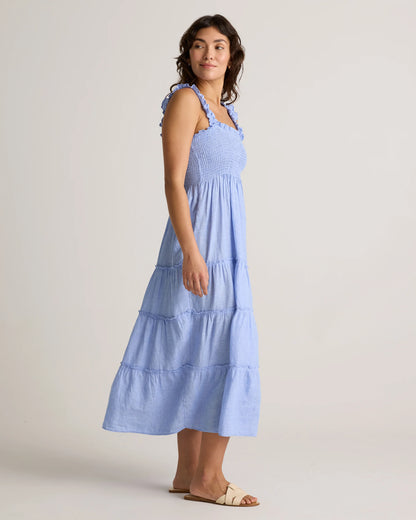 100% European Linen Smocked Midi Dress - XS / Ivory Porcelain Blue Petite Floral