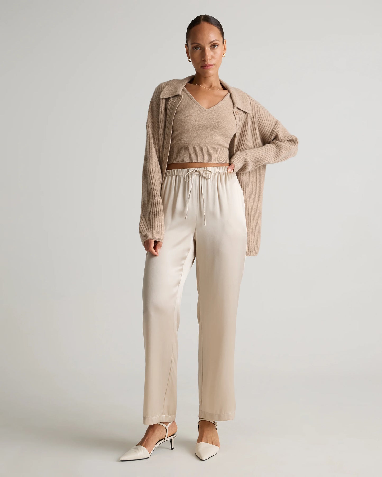 100% Washable Silk Drawstring Wide Leg Pants - XS / Champagne