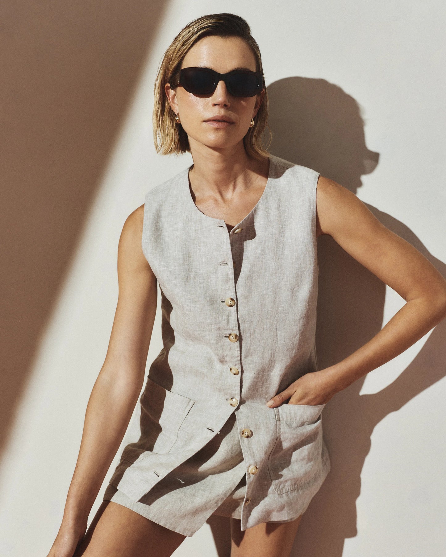 100% European Linen Longline Vest - XS / Taupe Brown Chambray