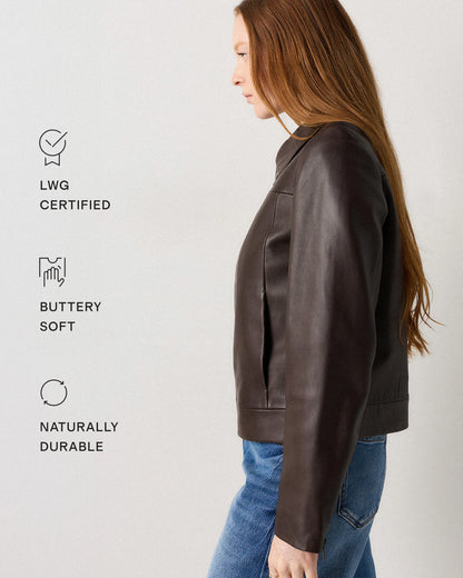100% Leather Cropped Zip-Front Jacket - XS / True Black