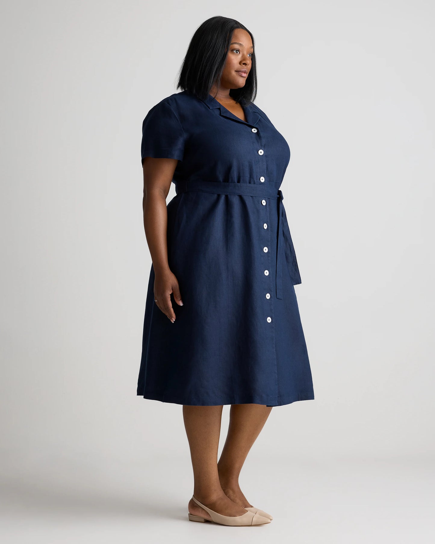 100% European Linen Button Front Dress - 1X / Blue Pinstripe