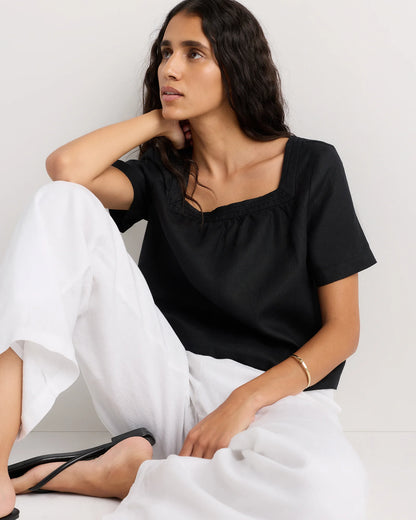 100% European Linen Square Neck Swing Top - XS / Black