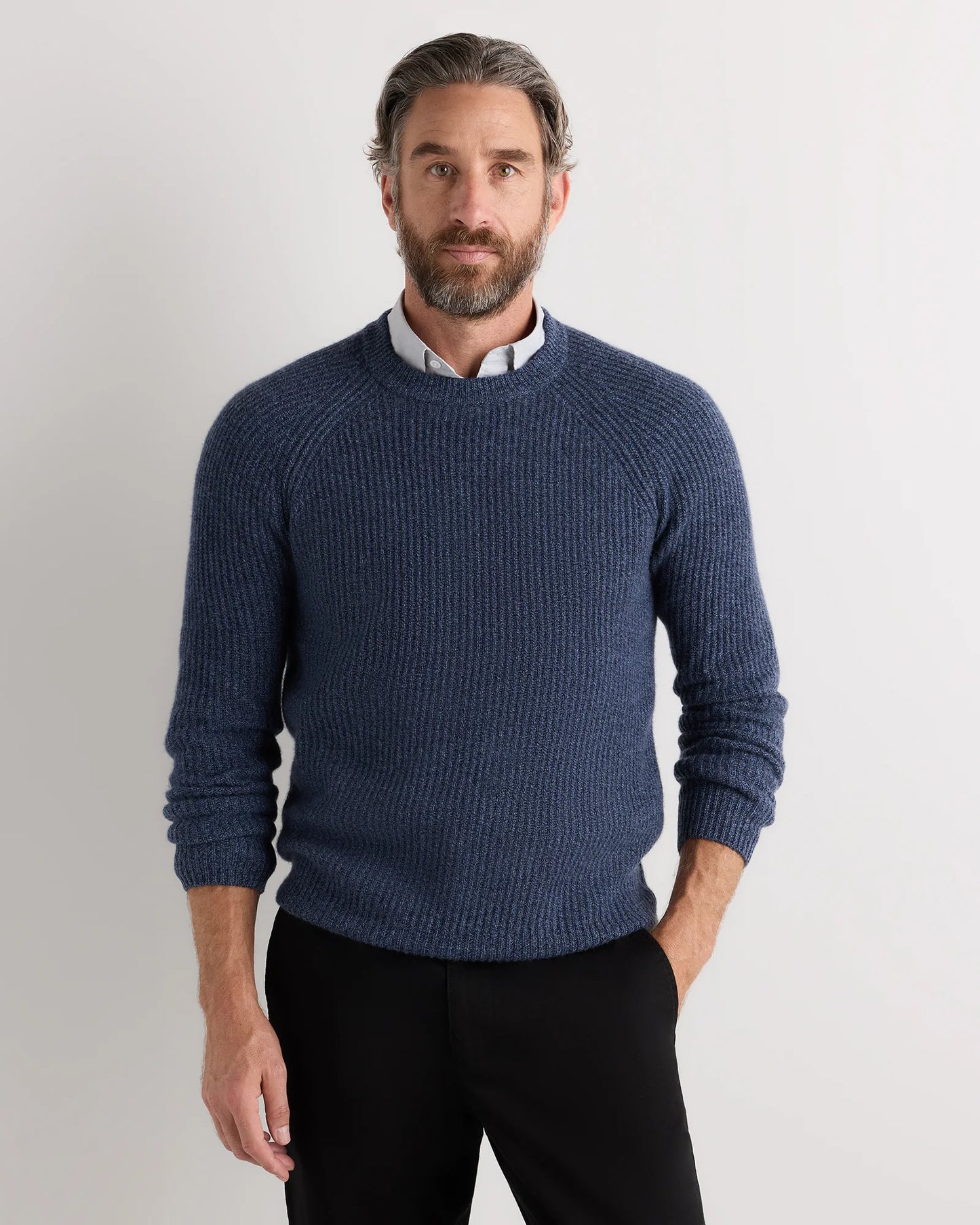 Mongolian Cashmere Fisherman Crewneck Sweater - S / Navy Marl