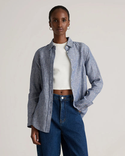 100% European Linen Long Sleeve Shirt - XS / Blue Pinstripe