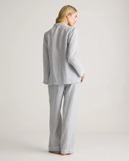 100% European Linen Long Sleeve Pajama Set with Piping - XS / Taupe Brown Gingham