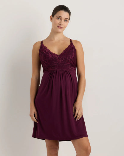 Bamboo Jersey Lace Detail Maternity & Nursing Nightgown - XS / Wine Tasting Red