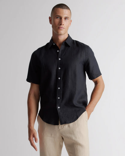 100% European Linen Relaxed Short Sleeve Shirt - XS / Taupe Brown Chambray